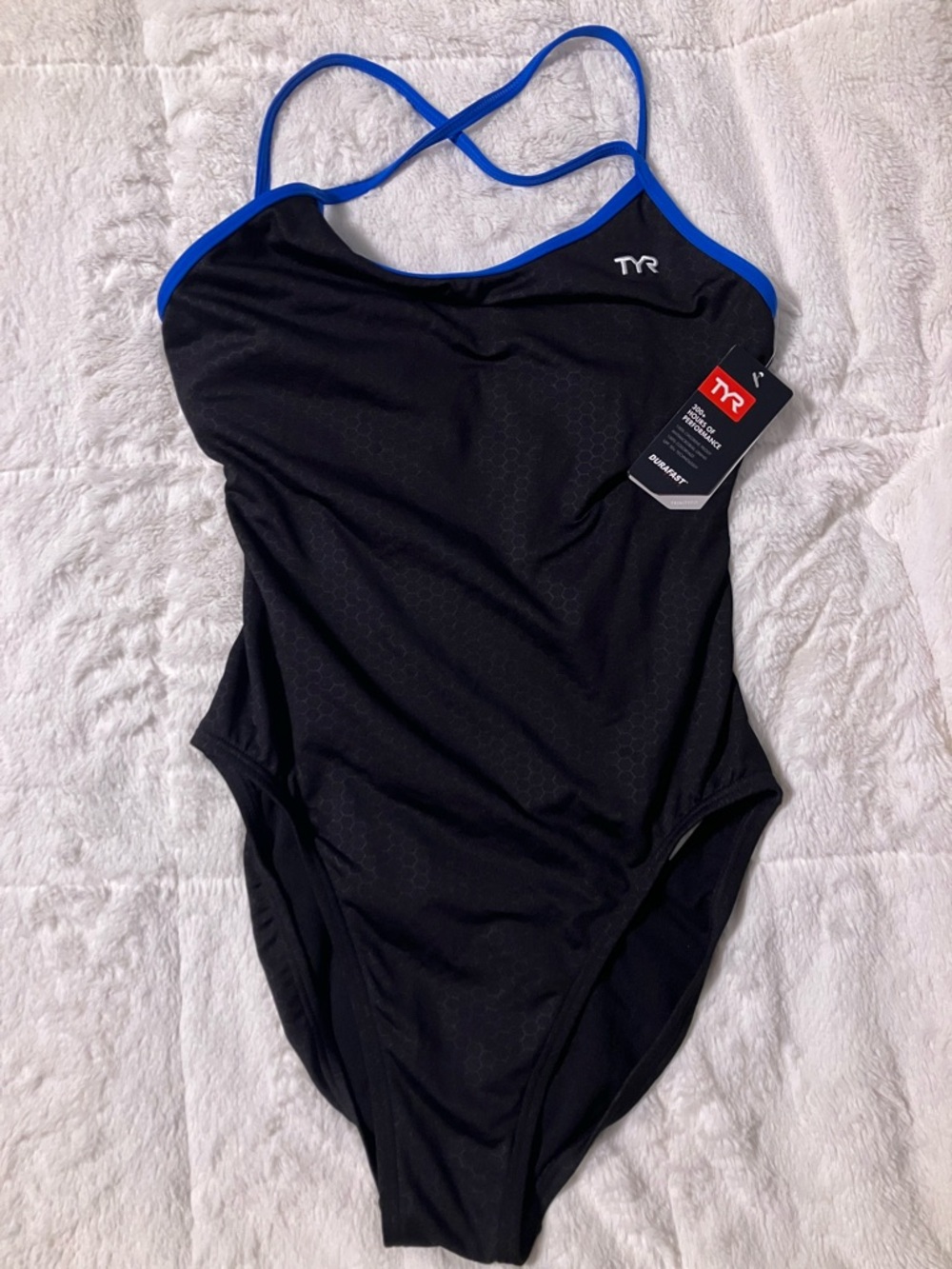 TYR Black One-Piece Swimsuit with Blue Trim and Crossback Straps